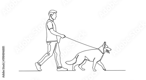 A man walking his dog in a simple line drawing style