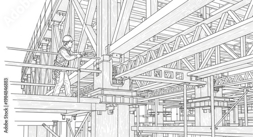 Large Steel Industrial Framework With Trusses And Columns.