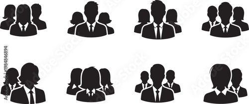Black silhouettes of business people in various group settings on white background