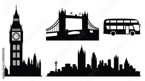 Iconic london landmarks big ben tower bridge and city skyline silhouettes