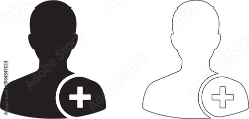 Medical icons of two people with a plus sign on their shoulders for health care