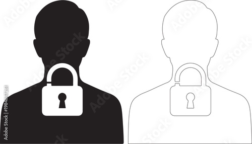 Two human silhouettes with locks on their necks for privacy and security concepts