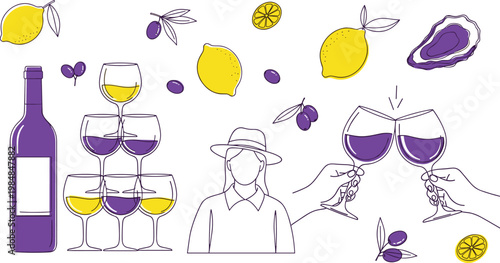 Wine tasting doodle set with glasses bottle lemons olives sommelier hands cheers hand drawn vector illustration collection