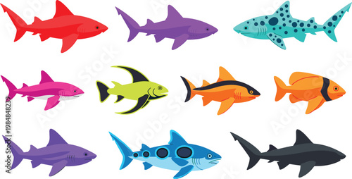 Shark species and colorful predatory marine fish aquatic wildlife flat icon set