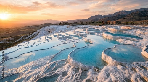Pamukkale travertine terraces with thermal water pools at sunset. Ancient Hierapolis ruins in the background. Geological wonder and natural landmark of Turkey for travel and tourism.