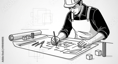 Male architect drafting technical building blueprints at desk.