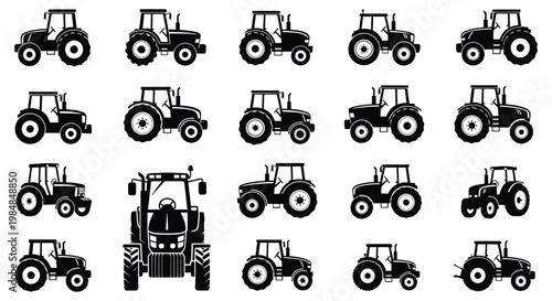 A collection of various tractor designs arranged in a grid presented as a striking black silhouette high quality professional detailed modern