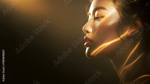 Young asian woman with glowing skin at sunset light. Facial beauty portrait of girl with natural makeup for skincare advertisement. Cosmetology clinic treatment and spa concept.