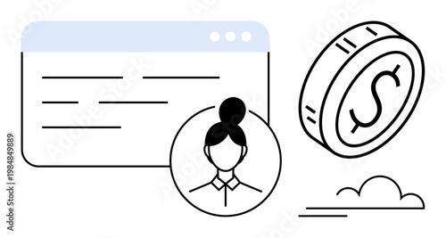 Personal finance, online banking, digital economy, user identity, monetary transactions, technology interaction. A user profile icon with a currency symbol and a webpage. Personal finance and online