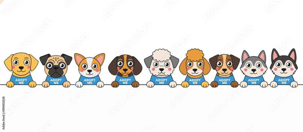 Fototapeta premium Cartoon dogs wearing adopt me vests peeking over border. Pet rescue and adoption concept. Flat design vector illustration isolated on transparent background