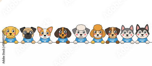 Cartoon dogs wearing adopt me vests peeking over border. Pet rescue and adoption concept. Flat design vector illustration isolated on transparent background