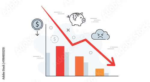 A declining financial chart with a piggy bank and cloud symbolizing economic downturn presented as a silhouette high quality professional detailed