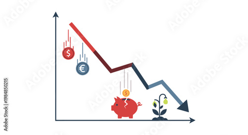 A graphic depicts a declining financial chart with currency and a broken piggy bank a stark silhouette high quality professional detailed