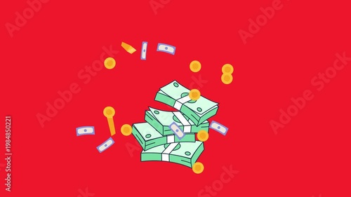A video showcasing a pile of money and confetti falling down on a red background