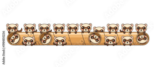 Cartoon ferret and cardboard tube vector illustration. Flat design animal characters playing and peeking from a tunnel. Horizontal banner isolated on transparent background