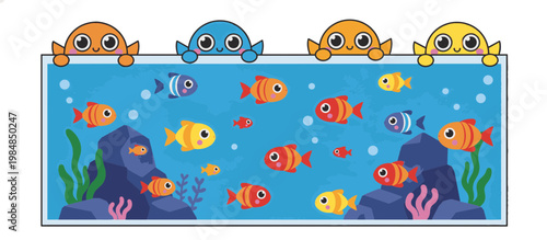 Colorful cartoon fish in decorated aquarium vector illustration. Flat design underwater scene with marine animals and seaweed. Horizontal banner isolated on transparent background