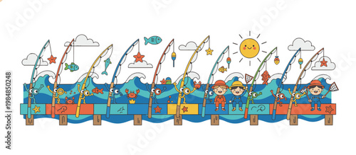 Kids fishing on a wooden pier vector illustration. Flat design summer ocean landscape with fishing rods and marine animals. Horizontal banner isolated on transparent background