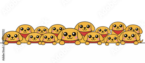 Golden retriever dog group with red bandanas. Kawaii cartoon pet character flat design vector illustration. Isolated on transparent background