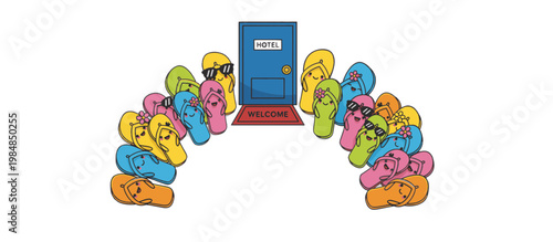 Summer vacation hotel door and flip-flops concept. Kawaii character flat design vector illustration. Isolated on transparent background