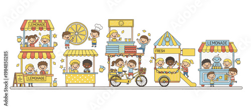 Children at lemonade stands vector illustration. Kids selling summer drinks concept isolated on transparent background