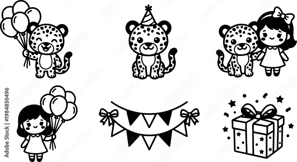 Obraz premium Black and white cute girl and leopard with balloons and party decorations vector art