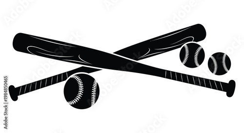 A striking black and white image of crossed baseball bats with three baseballs presented as a silhouette high quality professional detailed