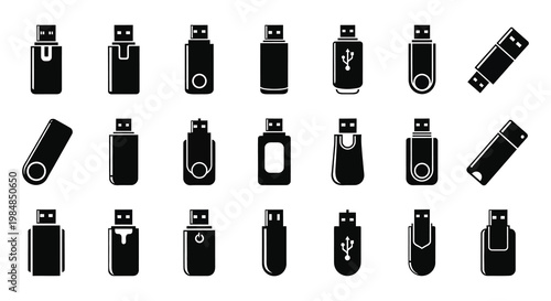 A collection of various usb flash drive designs depicted in a stark black silhouette high quality professional detailed modern elegant stylish