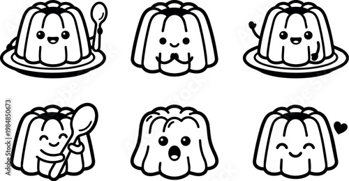 Cute happy puddings with different expressions and spoon vector art