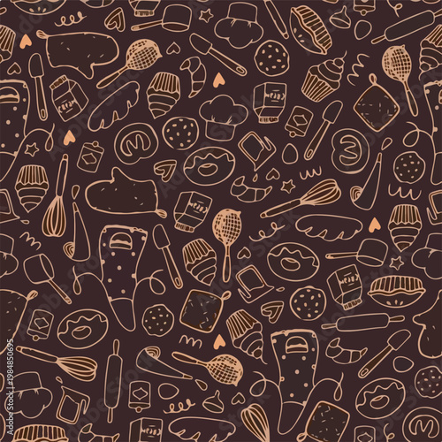 Bakery and Kitchen Tools Hand Drawn Doodle Seamless Pattern