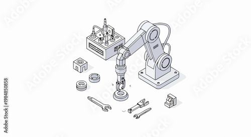 Isometric Robotic Arm for Industrial Automation and Smart Factory Engineering - Technical Line Art Illustration of Mechanical Assembly Process