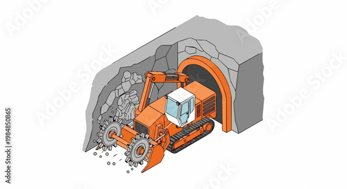Isometric Heavy Mining Roadheader Excavating Underground Tunnel in Rock Formation