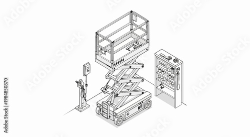 Isometric Scissor Lift Line Art Illustration with Industrial Tool Cabinet and Charging Station, Technical Drawing of Aerial Work Platform for Construction and Maintenance