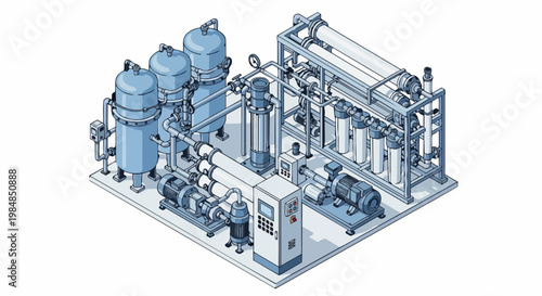 Isometric Industrial Water Filtration System and Purification Plant with Reverse Osmosis Tanks, Pumps, and Control Panel for Technical and Engineering Use