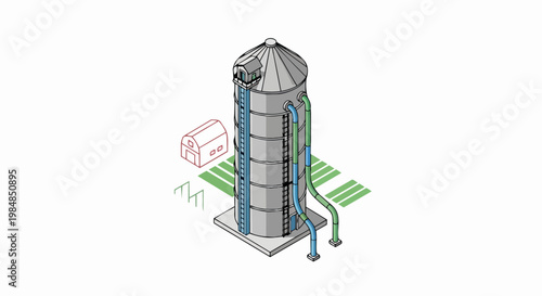 Isometric Grain Silo Illustration: Industrial Agricultural Storage Tank for Modern Farming and Food Processing Infrastructure