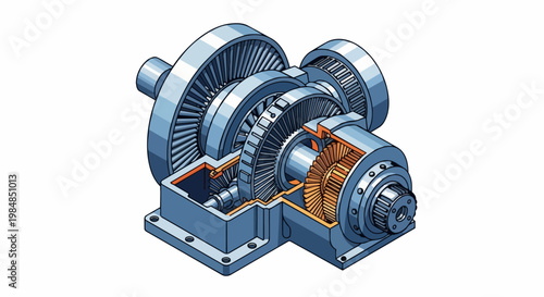 Technical Isometric Cutaway Illustration of an Industrial Mechanical Gearbox and Differential Transmission System showing Internal Bevel Gears