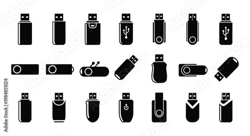 A collection of various black usb flash drive icons displayed in a minimalist isolated design silhouette high quality professional detailed modern