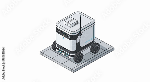 Isometric Autonomous Delivery Robot Carrying a Package on Sidewalk - AI Smart Courier Vehicle Vector Illustration for Logistics and Last-Mile Technology