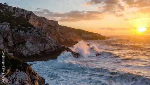 Cliffside waves smashing against rocks at sunset over ocean