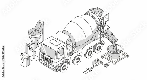 Isometric Concrete Mixer Truck Illustration with Loading Hopper and Discharge Chute - Minimalist Construction Line Art