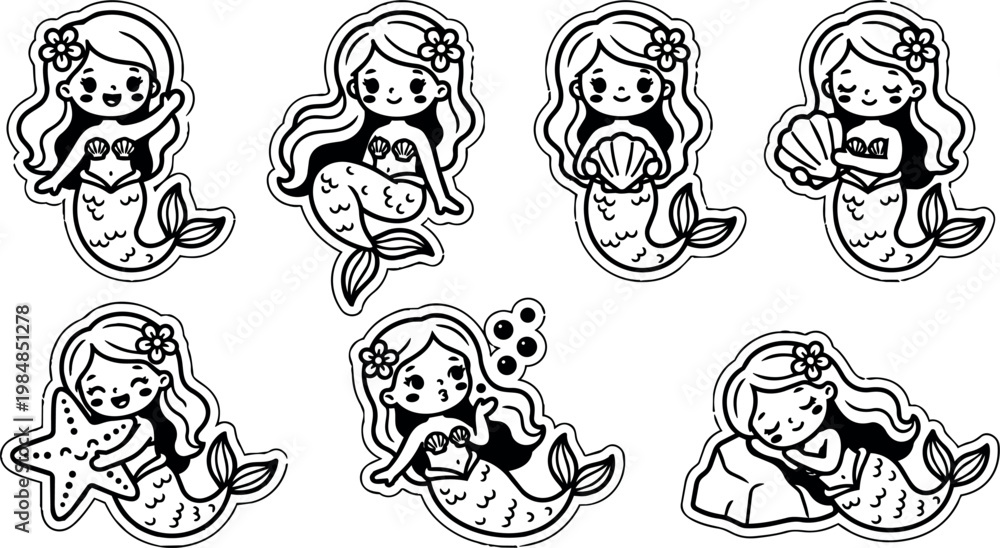 Fototapeta premium Black and white line art mermaid with seashell starfish and bubbles set