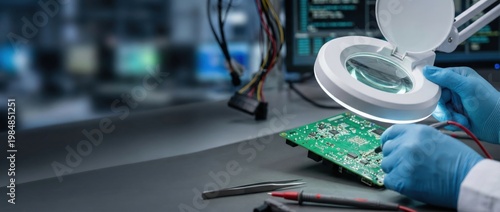 Technician analyzing machine circuit boards in high-tech industry workspace for equipment maintenance