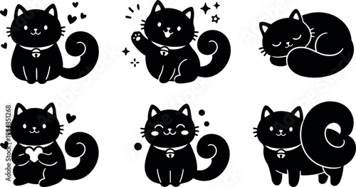 Black cats with curled tails in playful and sleeping poses vector art
