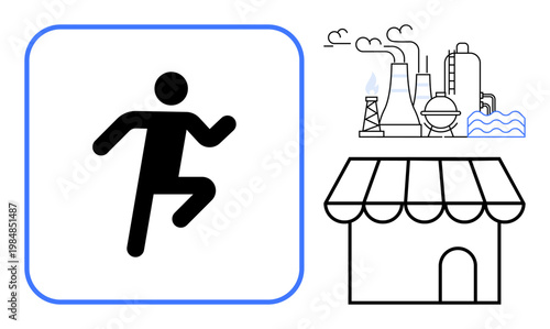 Commerce, manufacturing, environmental issues, urban development, sustainability, small business. Silhouettes of a running person, a factory and a shop. Commerce and manufacturing concept