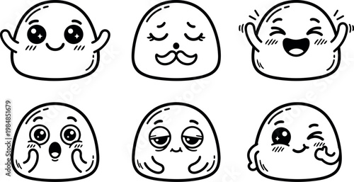 Black and white kawaii blob characters with cute facial expressions set