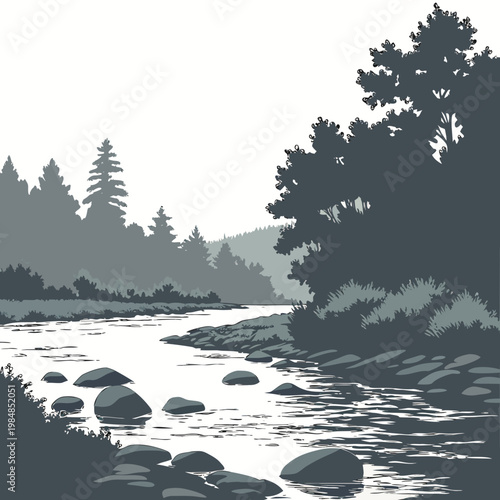 Monochromatic illustration of a serene river landscape with trees and rocks