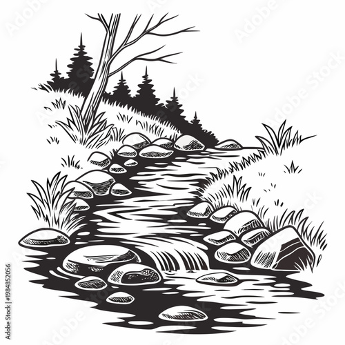 Black and white illustration of a serene stream with rocks and trees on the bank
