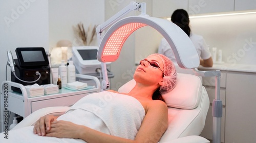 Woman under infrared light therapy lamp in beauty salon. Patient receiving facial skin rejuvenation treatment. Photomodulation procedure for anti aging skincare and dermatology clinic.