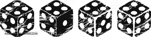 Four black vintage dice with white dots showing different numbers, gambling and luck concept