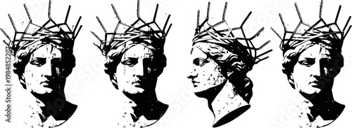 Four black and white profile views of a classical male statue head with spiked crown