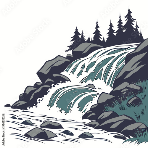 Vector illustration of a scenic waterfall cascading over rocks with trees in the background